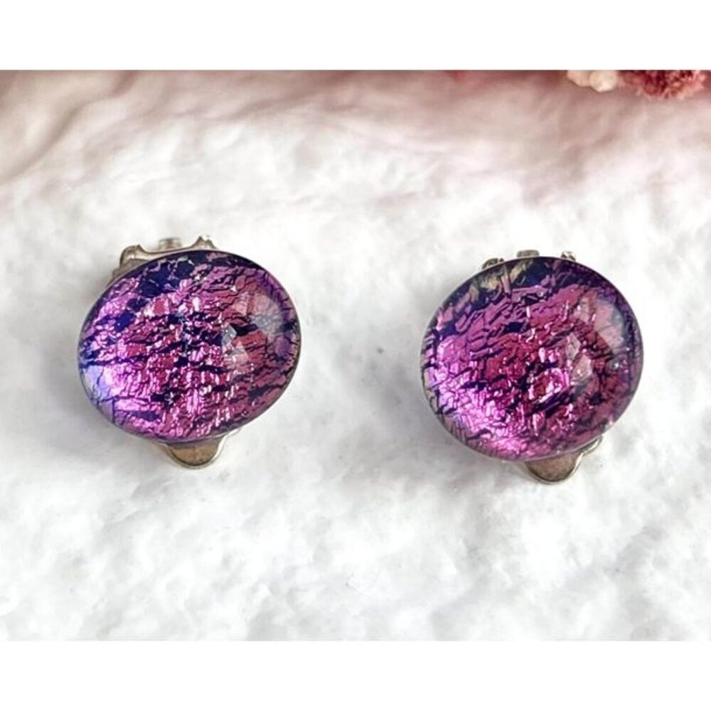 Magenta Dichrotic Glass Pink Silver Toned Clip On Stud Earrings